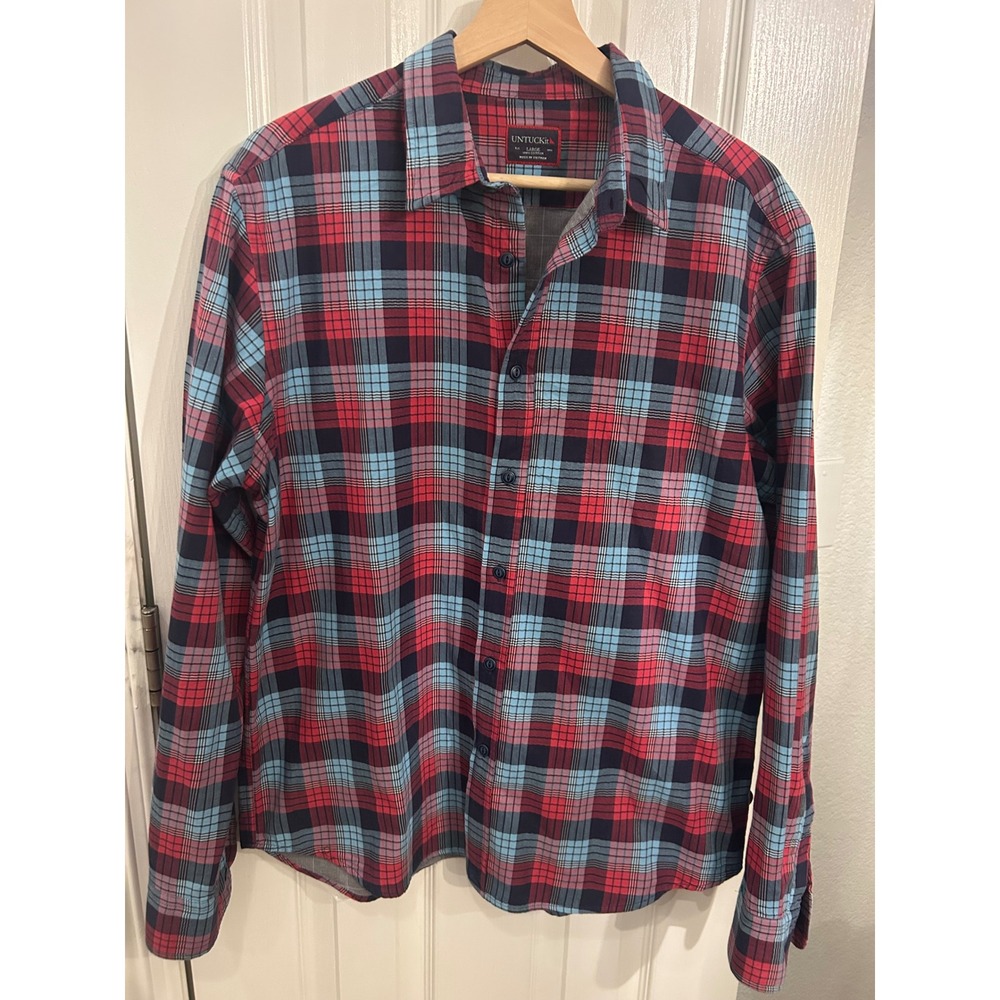 UNTUCKit Mens Large Red Blue Plaid Long Sleeve Button Down Cotton Shirt